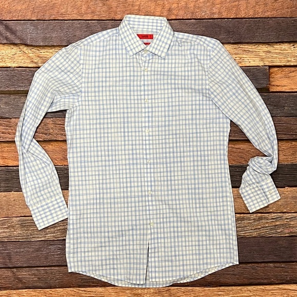 Hugo Boss Classic Checkered Blue Mens Dress Button Down Shirt - Picture 1 of 6